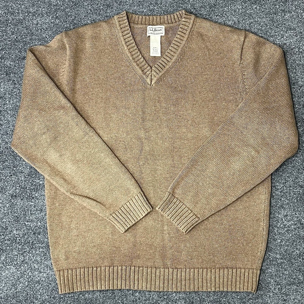 LL Bean Men's Sz M Light Brown 100% Cotton V Neck Long Sleeve Sweater Casual